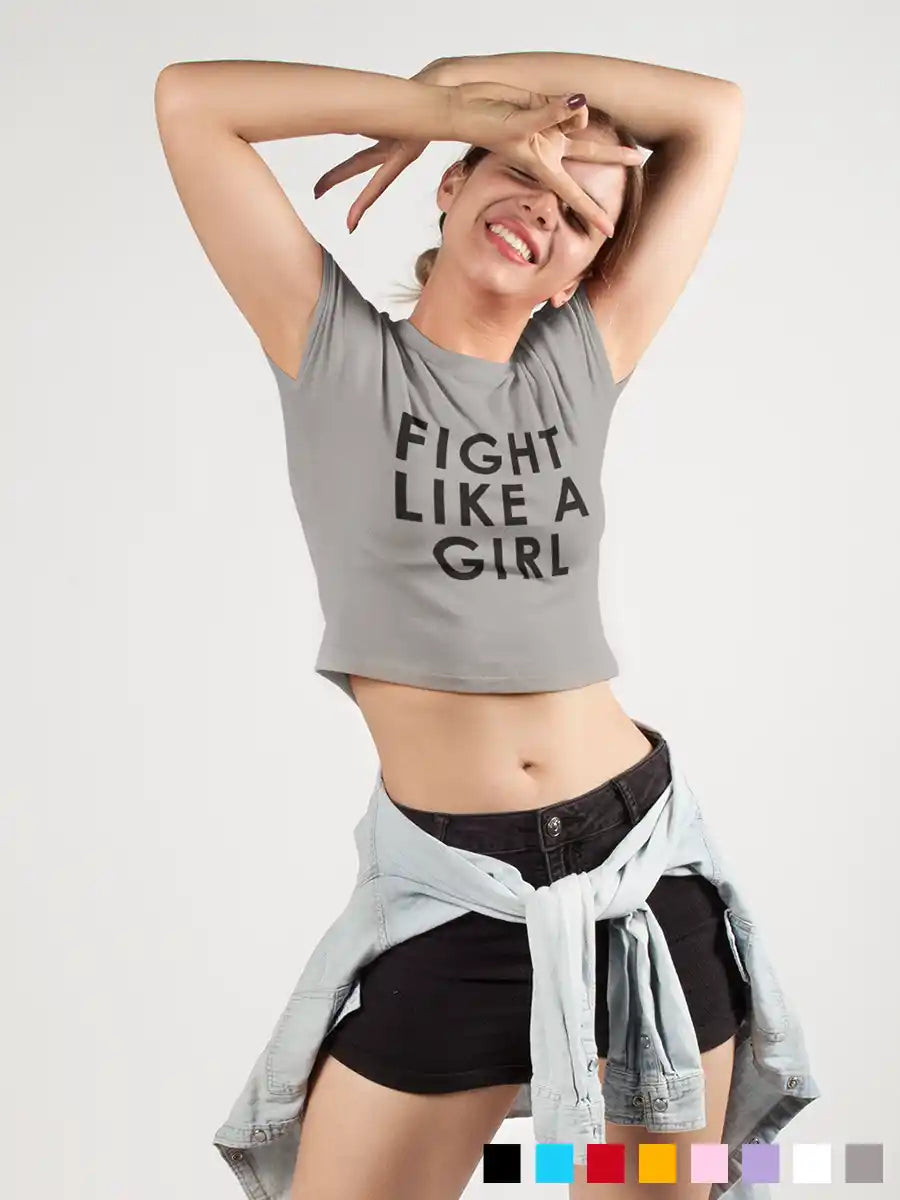 Woman wearing  Fight like a Girl - Melange Grey - Cotton crop top