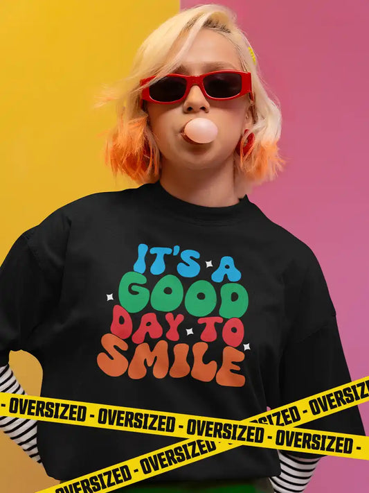 Woman wearing Good day to Smile - Black Oversized T-Shirt