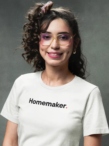 Woman wearing Homemaker - Minimalist White Cotton T-Shirt