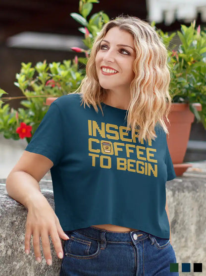 Woman wearing Insert Coffee to Begin - Navy Blue Cotton Crop Top