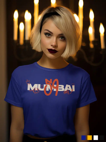 Woman wearing Mumbai 59 - Graffiti - Women's Blue Cotton T-Shirt