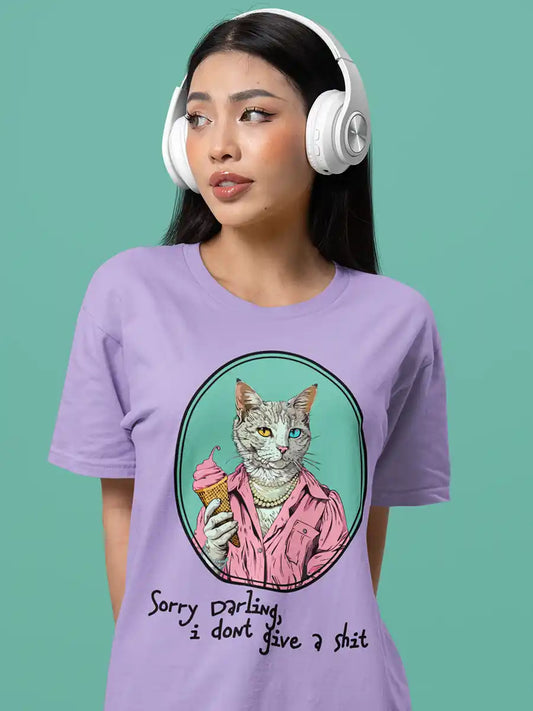 Woman wearing Sorry Darling - Iris Lavender - Men's Cotton T-Shirt