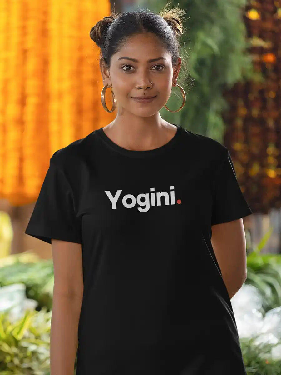 Woman wearing Yogini - Minimalist Black Cotton T-Shirt