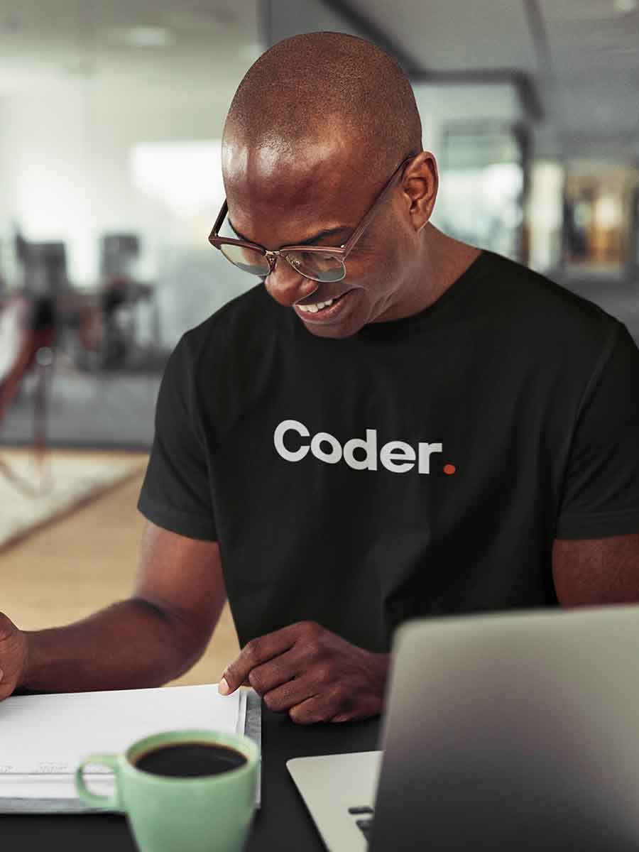 Man wearing Coder - Minimalist Black Cotton T-Shirt