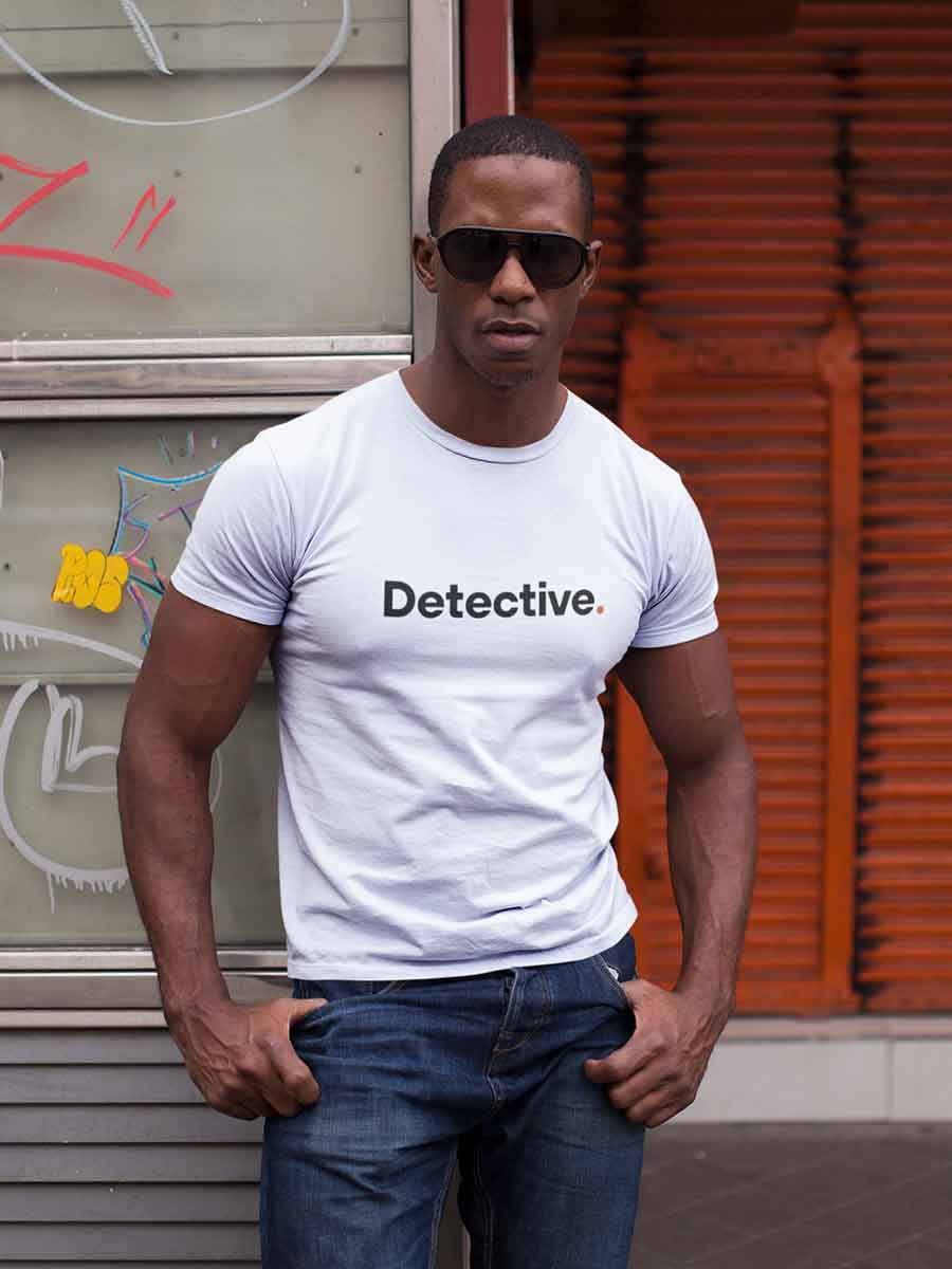 Man wearing Detective - Minimalist White  Cotton T-Shirt