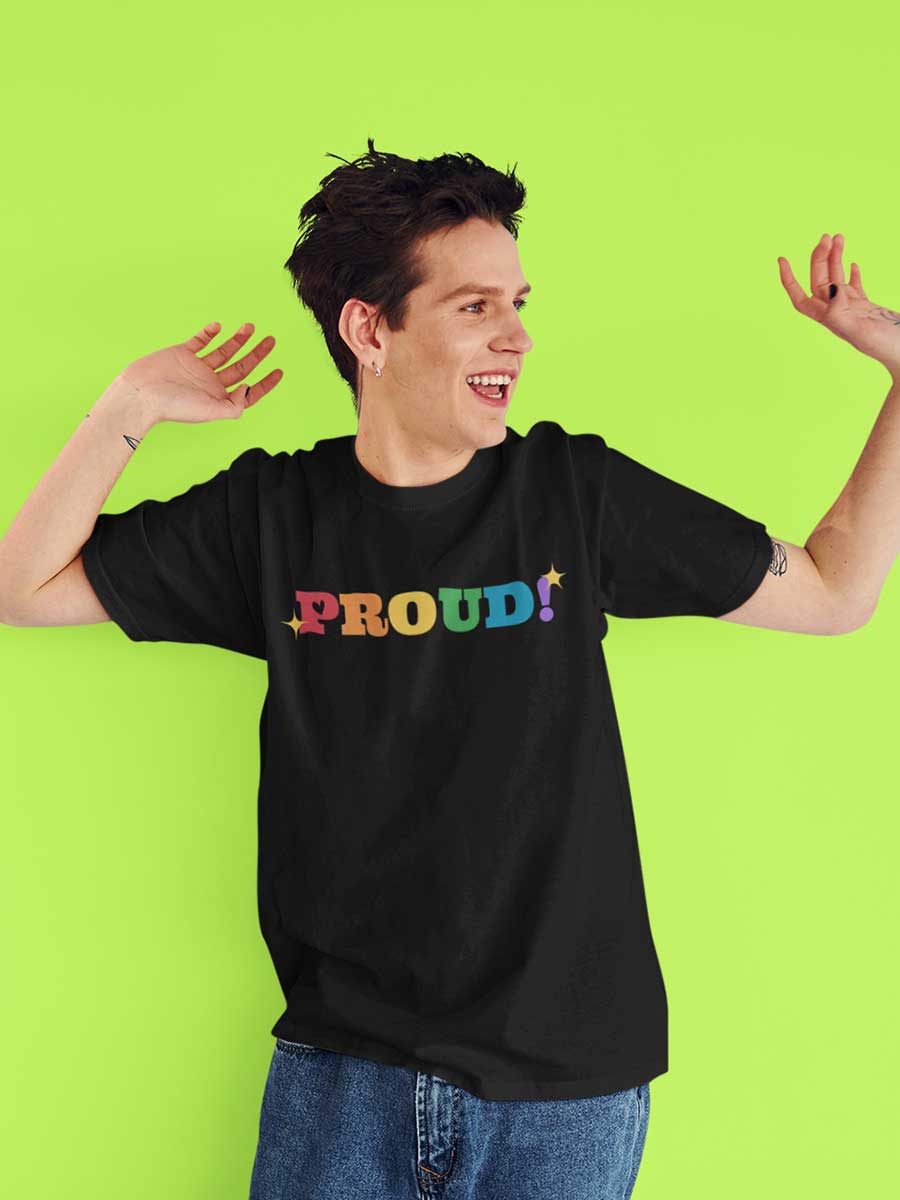 Man wearing Black Oversized Cotton Tshirt with text "Proud" in PRIDE colors